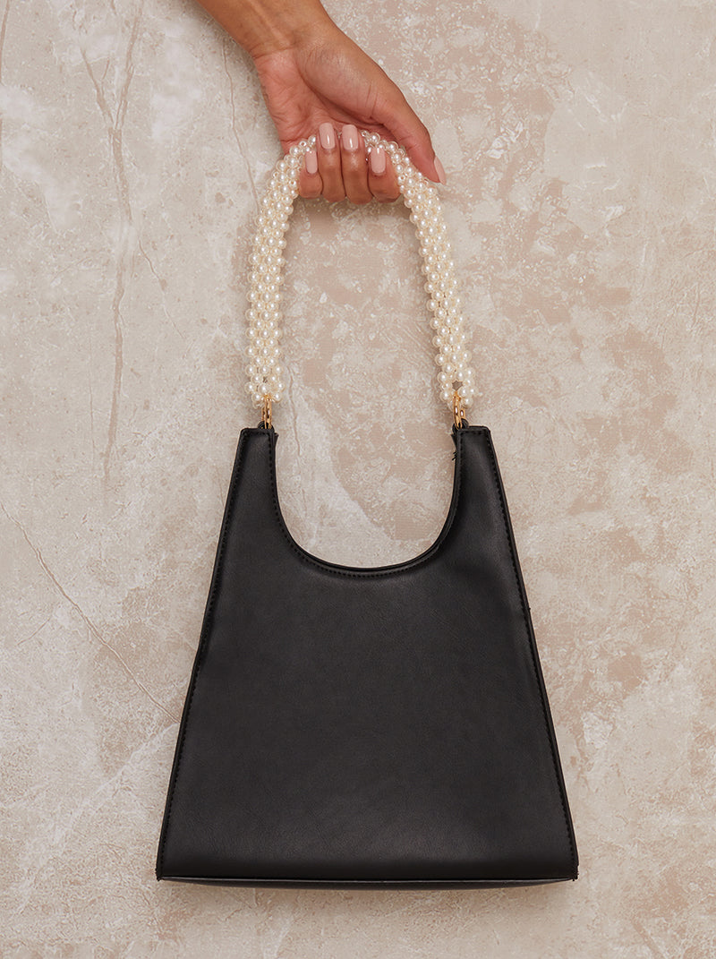 Pearl Handle Faux Leather Handbag in Black
