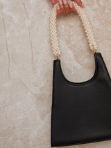 Pearl Handle Faux Leather Handbag in Black