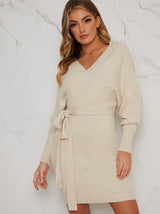 Knitted Wrap Style Pearl Jumper Dress in Cream