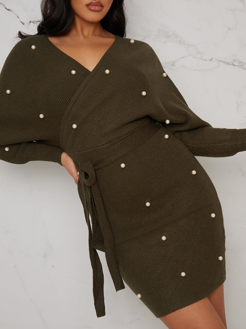 Pearl Design Wrap Detail Jumper Dress In Khaki