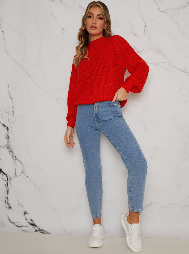 Crew Neck Long Sleeved Rib Knit Jumper in Red