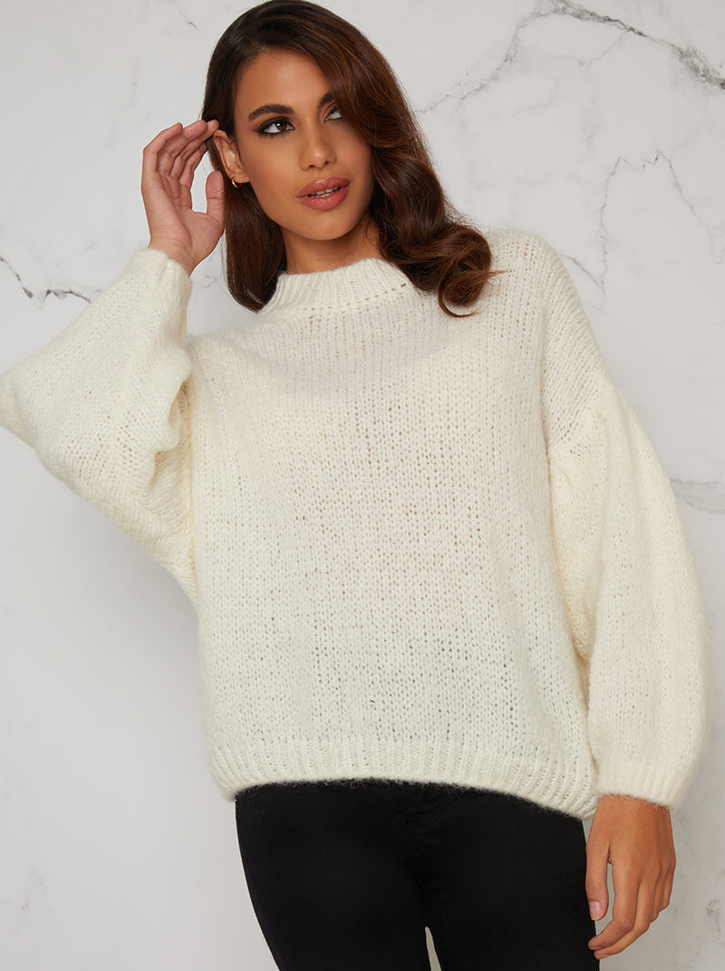 Knitted Balloon Sleeve Jumper in Cream