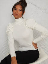 Turtle Neck Ruched Sleeve Jumper in Cream