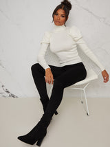 Turtle Neck Ruched Sleeve Jumper in Cream