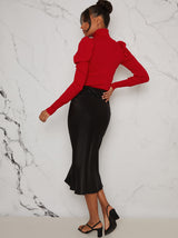 Turtle Neck Ruched Sleeve Jumper in Red