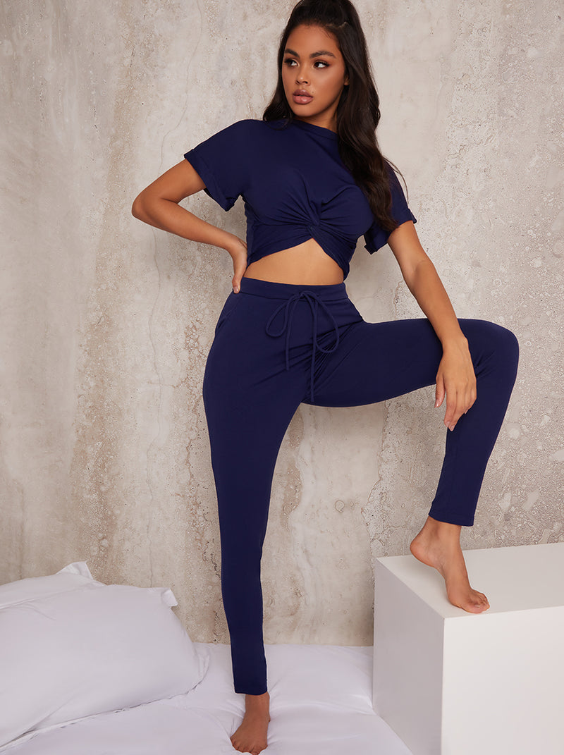 Knot Waist Lounge Set Skinny Fit in Blue