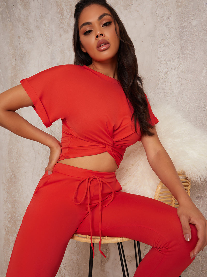 Knot Waist Lounge Set Skinny Fit in Red