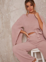 Drape Sleeve Knitted Lounge Set in Pink
