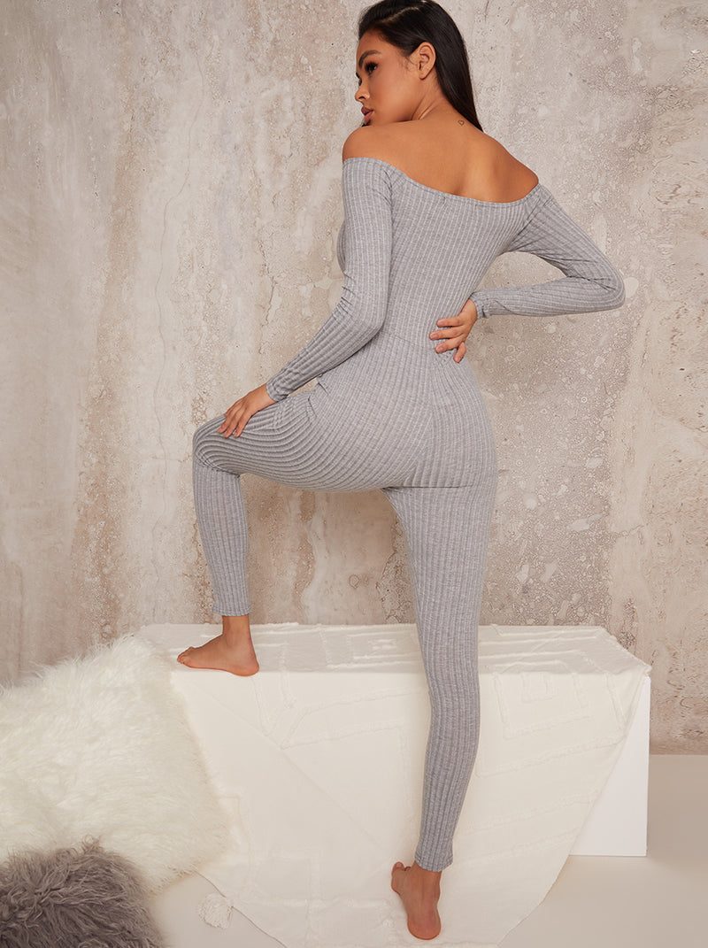 Knitted Rib Lounge Jumpsuit Skinny Fit in Grey