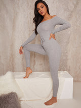 Knitted Rib Lounge Jumpsuit Skinny Fit in Grey