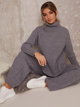 Knitted Roll Neck Rib Lounge Set in Grey