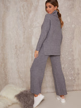 Knitted Roll Neck Rib Lounge Set in Grey