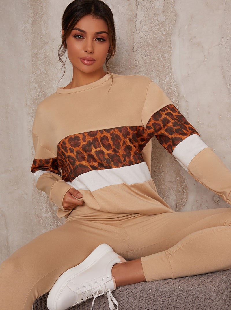 Leopard Sweatshirt Lounge Set Slim Fit in Beige