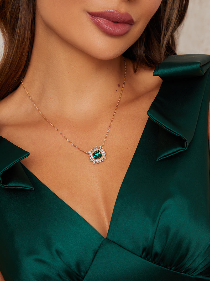 Green Gemstone Diamante Necklace in Gold Tone