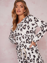 Long Sleeve Leopard Print Pyjama Shorts Set in Cream