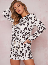 Long Sleeve Leopard Print Pyjama Shorts Set in Cream