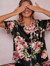 Satin Pyjama Set with Printed Floral Design in Black