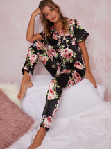 Satin Pyjama Set with Printed Floral Design in Black
