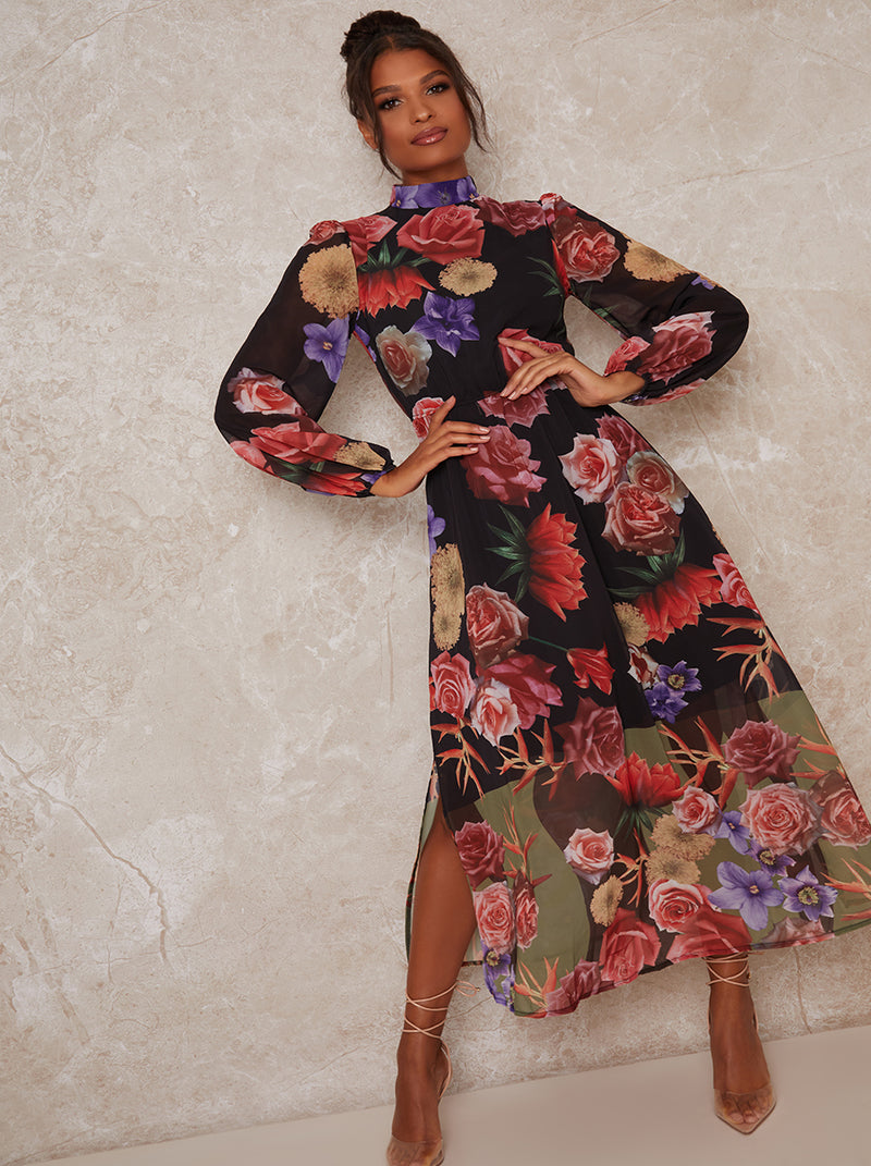 High Neck Floral Print Long Sleeve Maxi Dress in Black