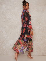 High Neck Floral Print Long Sleeve Maxi Dress in Black