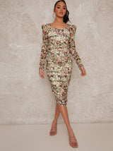 Long Sleeved Floral Ruched Midi Dress in Multi