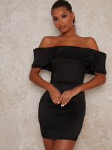 Bardot Style Satin Finish Mini Dress in Black