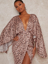 Leopard Print Wrap Style Cape Sleeve Dress in Neutral