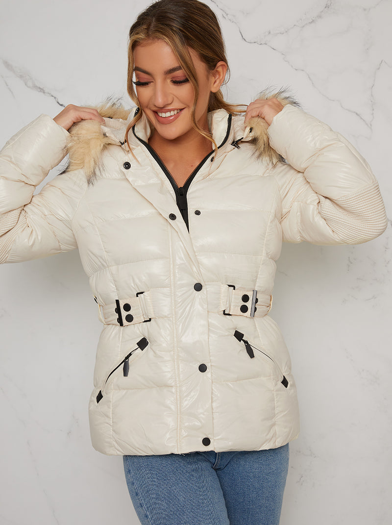 Padded Faux Fur Jacket In Cream