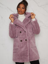Faux Fur Teddy Double Breasted Coat Jacket in Purple