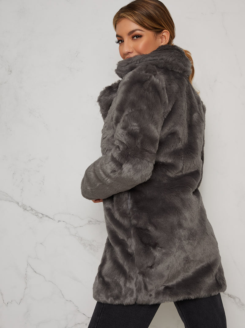 Faux Fur 3/4 Length Coat In Grey