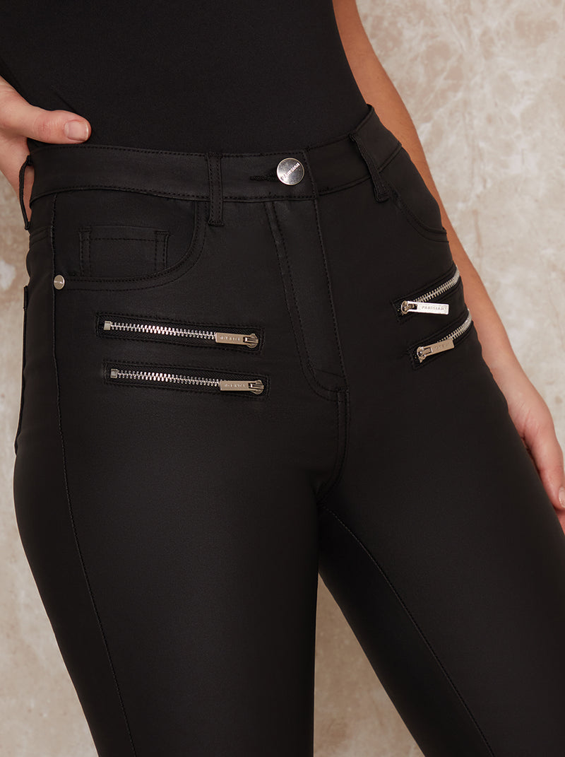 Leather Look Zip Detail Skinny Trousers In Black