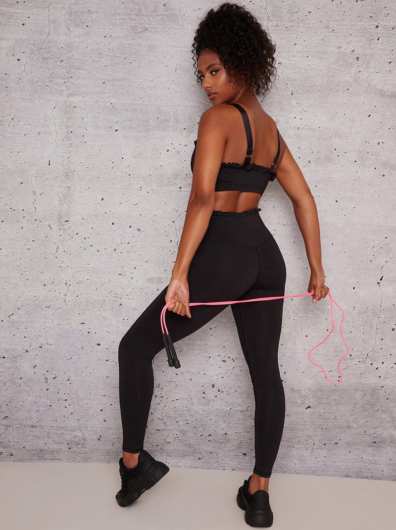 Sports Bra with Frill Trim Details in Black