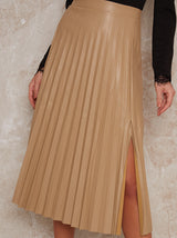 Leather Pleated Skirt with Side Split in Beige