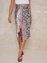 Contrast Print Wrap Style Midi Skirt in Multi