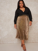 Plus Size Plisse Glitter Midi Skirt in Gold