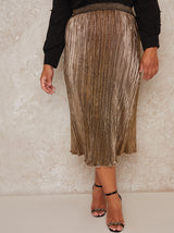 Plus Size Plisse Glitter Midi Skirt in Gold