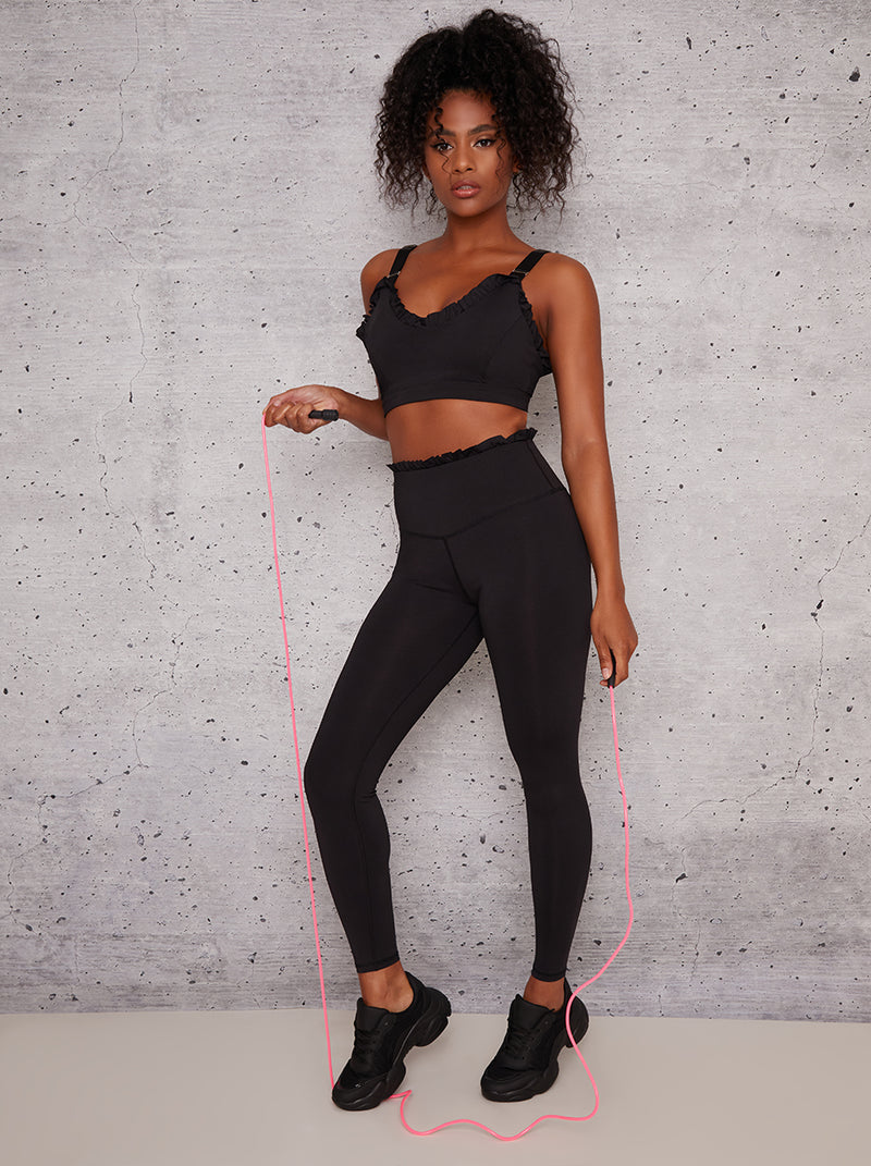 Fitted Gym Leggings with Frill Details in Black