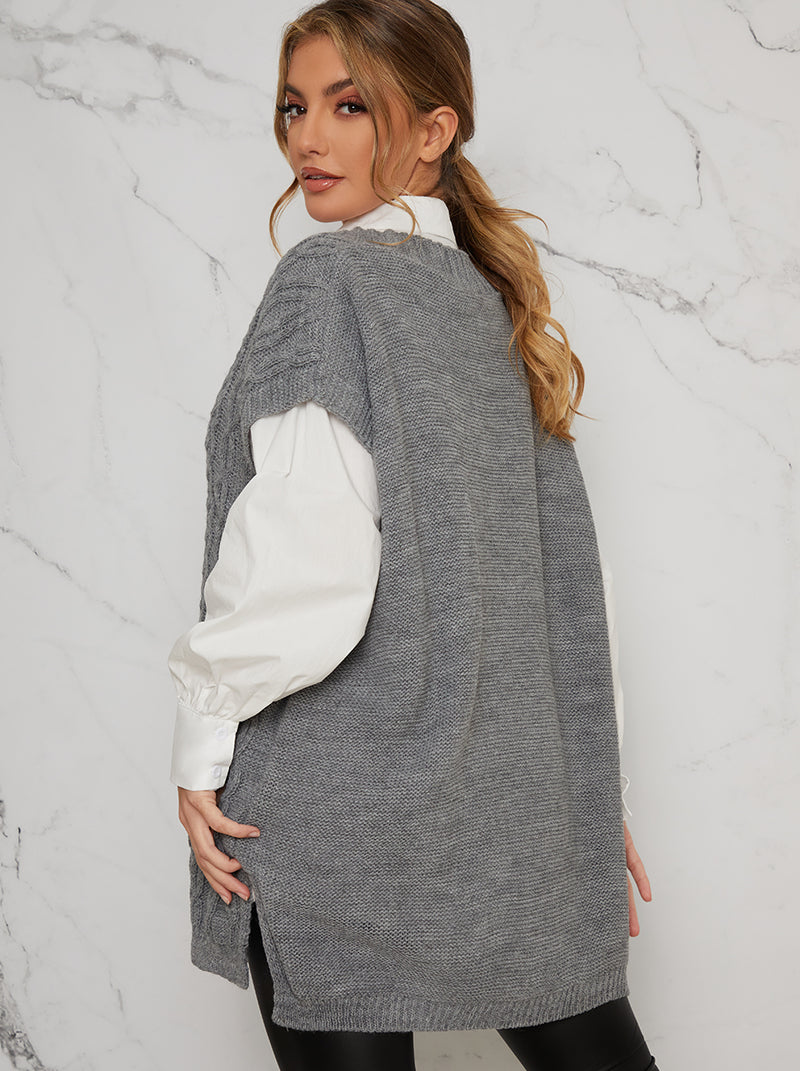 Chunky Cable Knit Oversized Sleeveless Tank Top in Grey