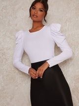 Ruched Puff Long Sleeve Top in White