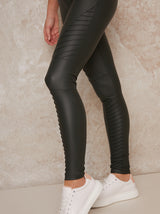 High Rise Leather Look Skinny Trousers in Khaki