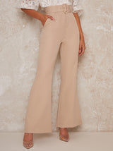 High Waist Belted Flare Trousers in Beige