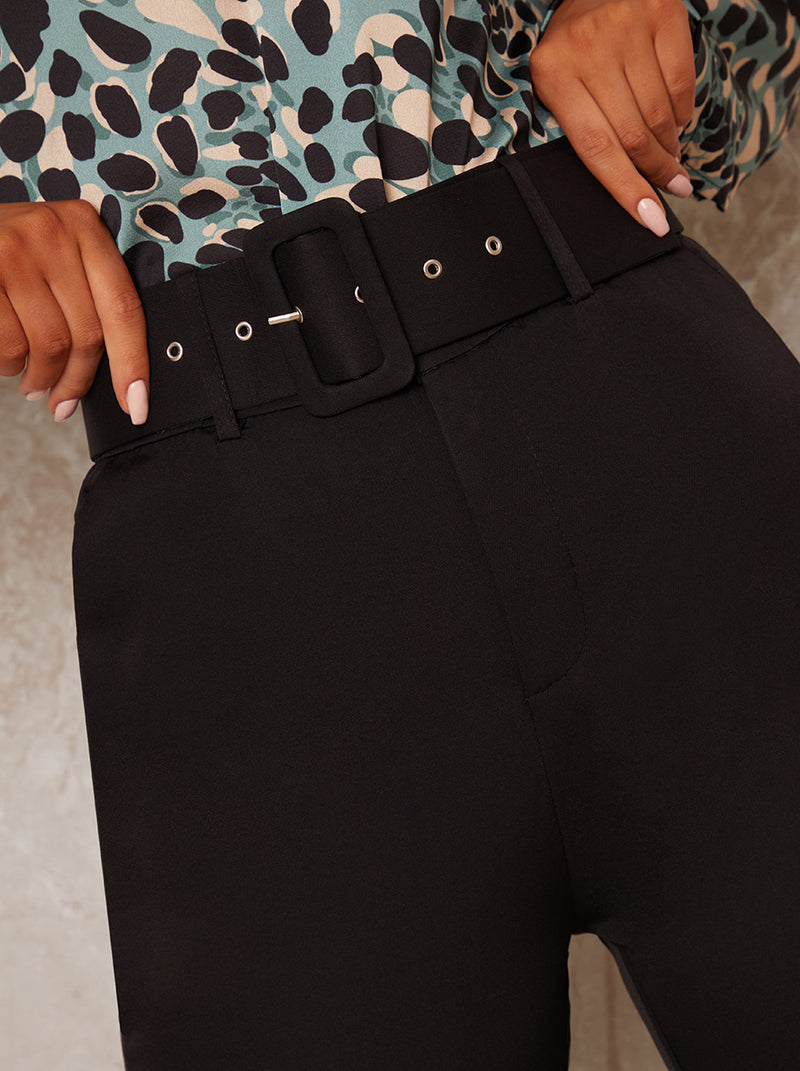 High Waist Belted Flare Trousers in Black