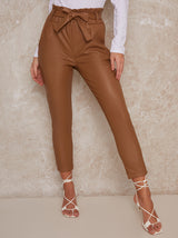 Leather Look High Rise Tie Skinny Trousers in Beige