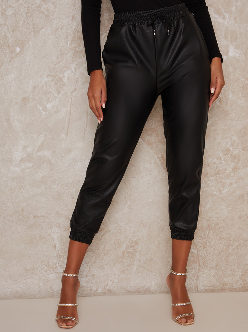 Drawstring Cropped Leg Faux Leather Trousers in Black
