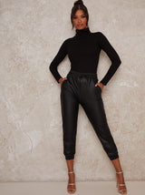 Drawstring Cropped Leg Faux Leather Trousers in Black