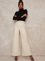 Leather Wide Leg Trousers in Cream