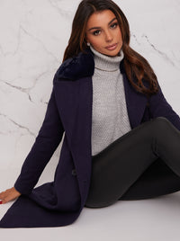 Structured Double Breasted Coat with Faux Fur Collar in Navy
