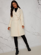 Button Up Waist Panel Coat in Cream with Fur collar