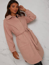Oversized Puff Sleeve Coat with Tie Waist in Pink