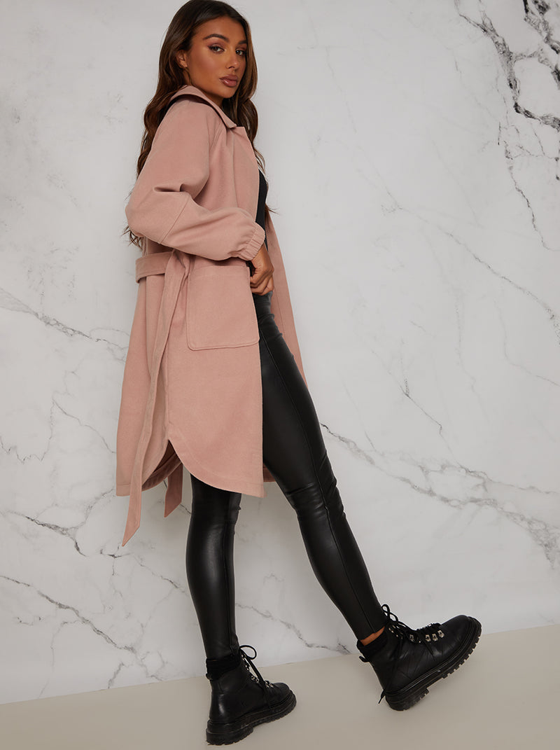 Oversized Puff Sleeve Coat with Tie Waist in Pink